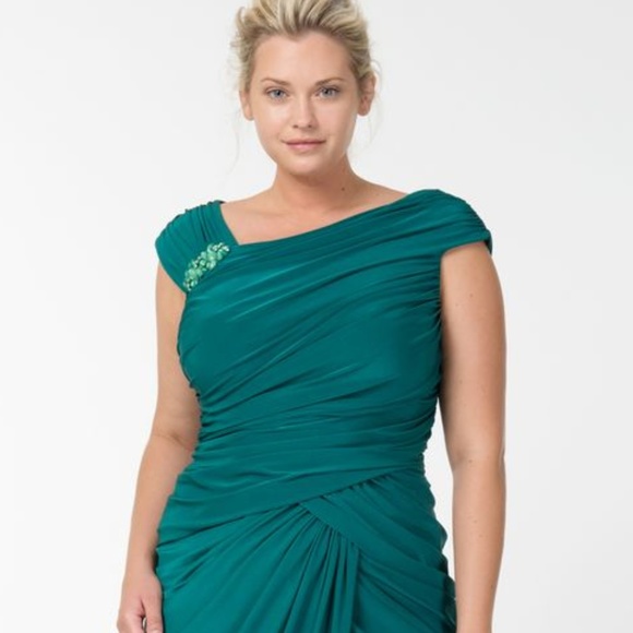Tadashi Shoji Dress Teal Fitted Drape Ruched Gown - Picture 2 of 8
